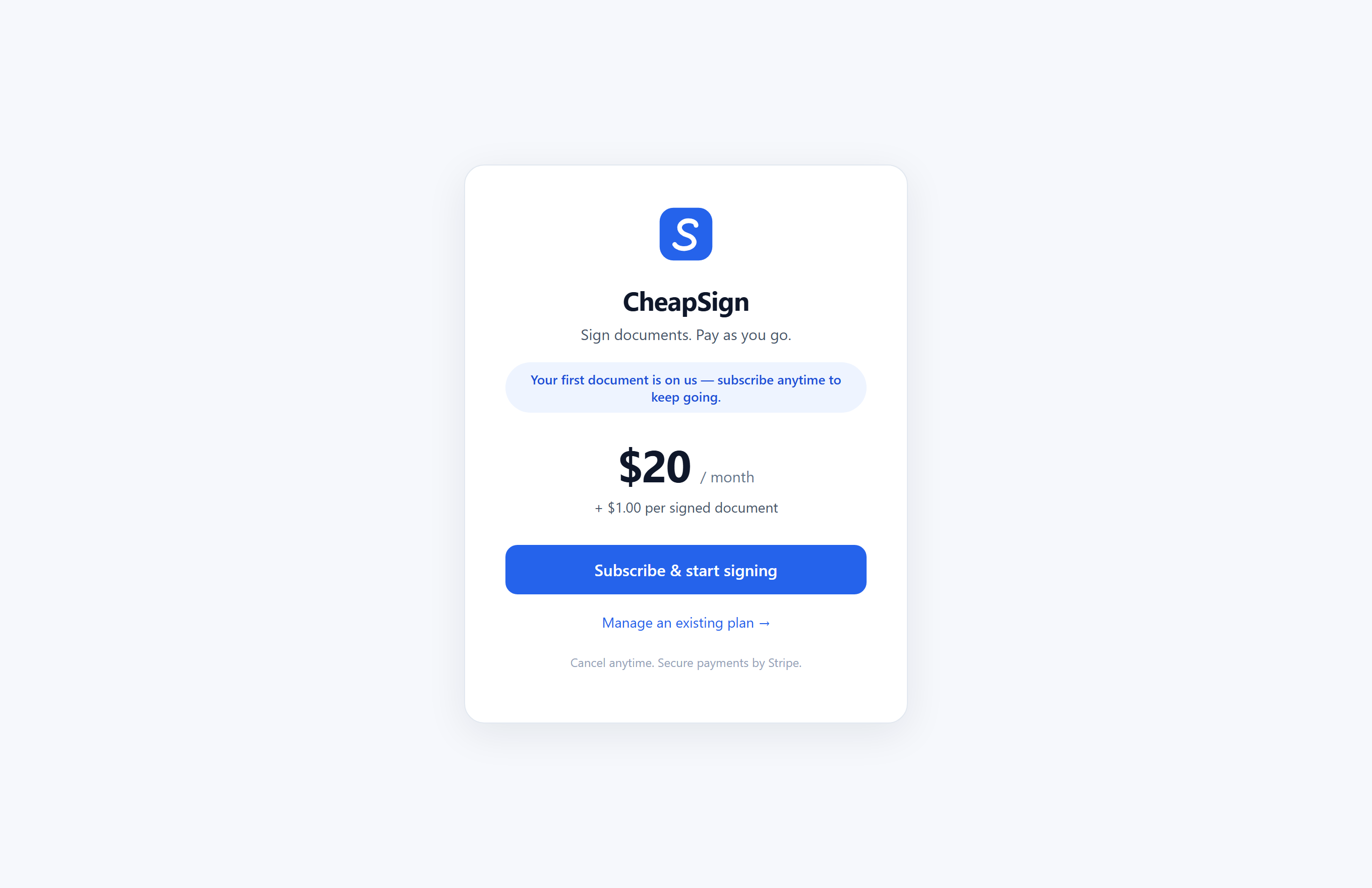 CheapSign pricing and subscribe screen