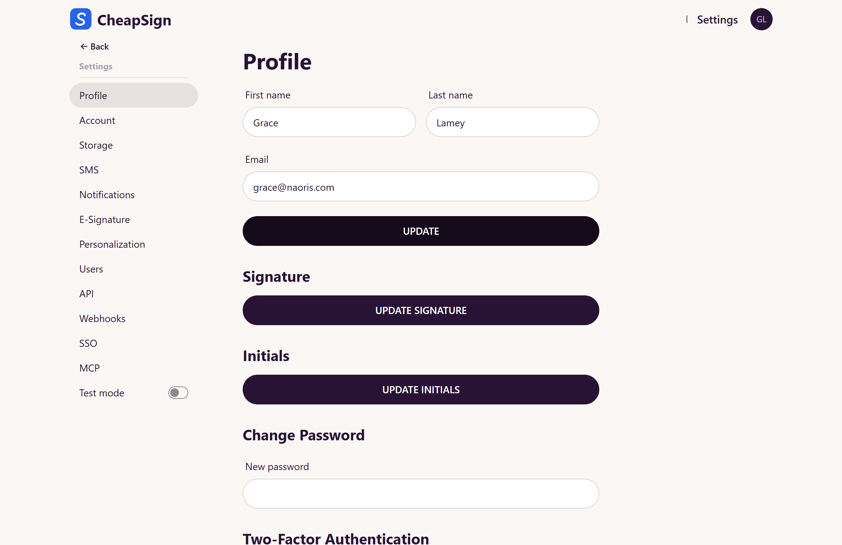 CheapSign settings and profile screen